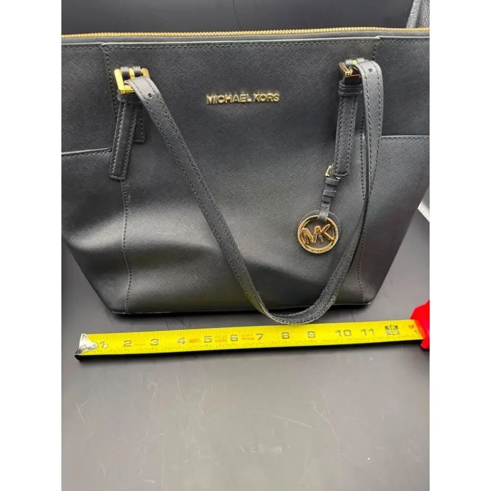 Michael Kors Black Saffiano Leather Tote Shoulder Bag Gold Hardware Zip Top
